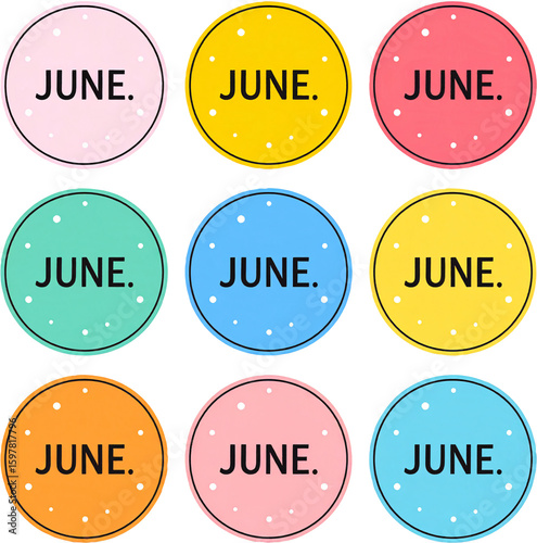 Multicolored circular icons featuring the word June repeatedly