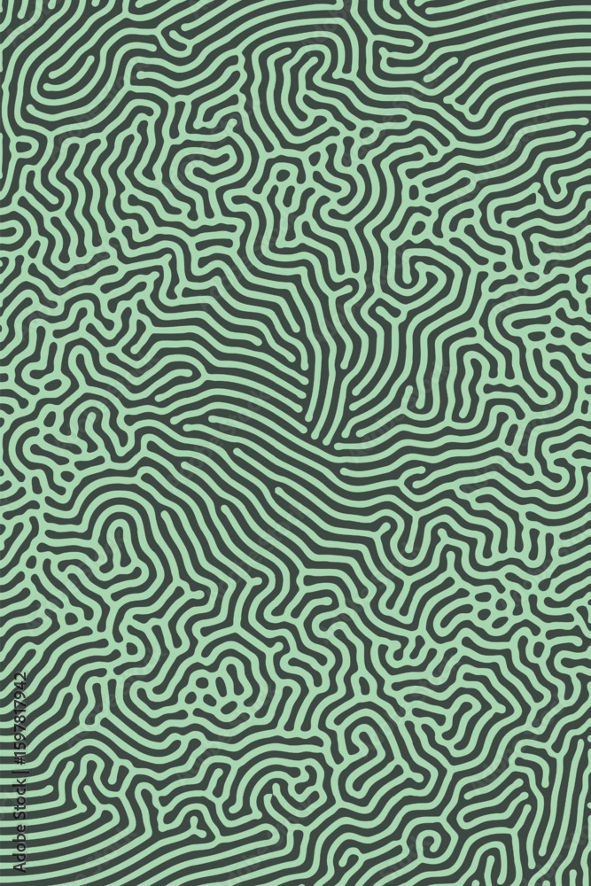 Fototapeta premium Vertical format vector turing pattern in abstract psychedelic style green abstract background. Entangled diffusion lines and organic flow perfect for mod abstract posters or experimental graphics