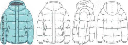 Puffer jacket CAD drawing, flat vector fashion illustration with hood, zipper front, dual pocket views, side and back variations