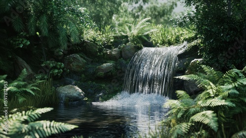 Tranquil waterfall in lush forest