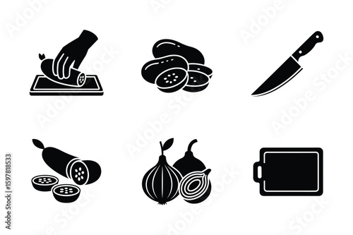 Hand slicing sausage potatoes onions knife cutting board vector
