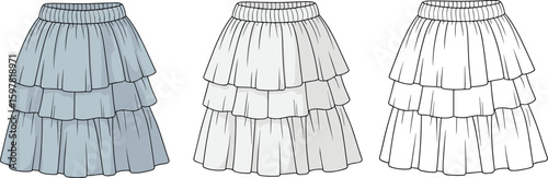 Tiered skirts CAD drawing, flat vector fashion illustration with elastic waistband, ruffled layers, front and back views, color variations