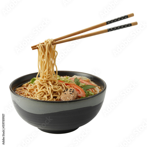 Delicious asian noodles being lifted with chopsticks from a bowl