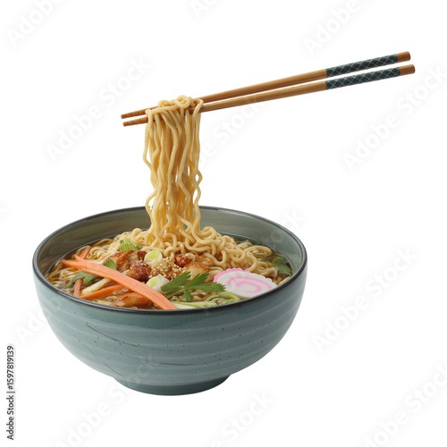 Delicious ramen noodles being lifted by chopsticks from a bowl