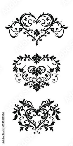 Elegant black floral heart ornaments for decorative design and borders vector illustration