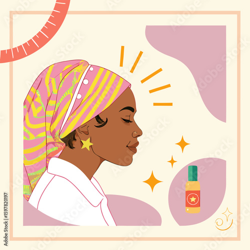 Illustration of a woman in profile with a headscarf, star earrings, and a bottle of skincare product nearby