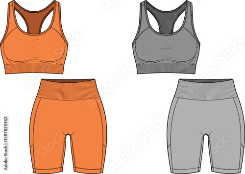 CAD drawing flat vector illustration of activewear sports bra and shorts set, technical fashion sketch, front and back view, design