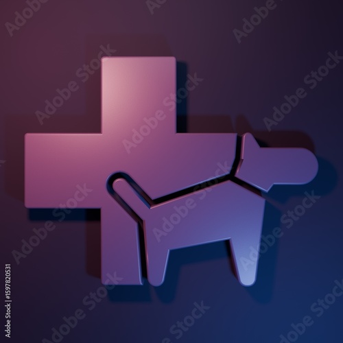Purple Veterinary clinic symbol icon isolated on purple-blue background. Cross with dog veterinary care. Pet First Aid sign. Minimalism concept. 3D render illustration