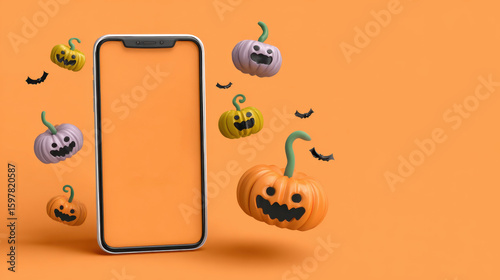 Smartphone with floating pumpkins for Halloween, orange background