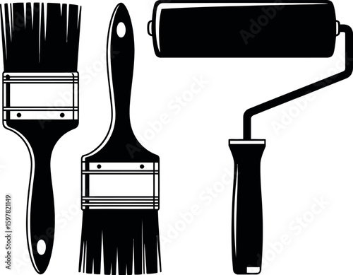 Black silhouette of paint roller and two paint brushes on white background painting tool