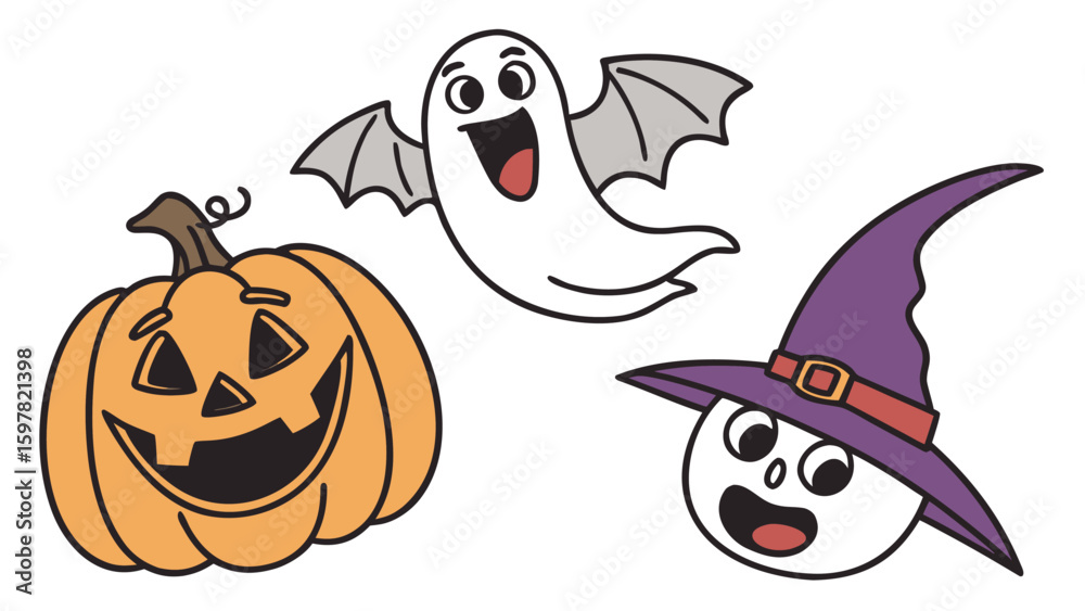 Fototapeta premium Cartoon halloween scene featuring a pumpkin, a ghost with wings, and a witch head with a hat and smile