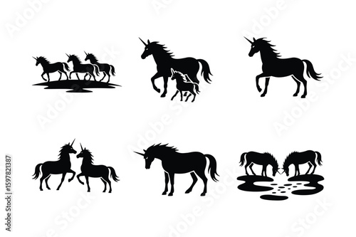 Majestic unicorns in silhouette prancing and drinking horse black