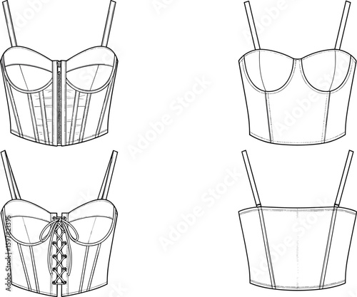 CAD drawing flat vector illustration of corset top technical fashion sketch front and back view, lingerie garment detailed design