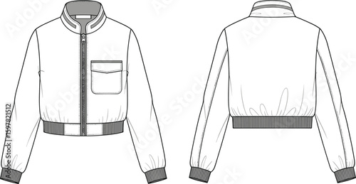 CAD drawing flat vector illustration of cropped bomber jacket with zipper front, ribbed cuffs, waistband, pocket detail, fashion technical sketch