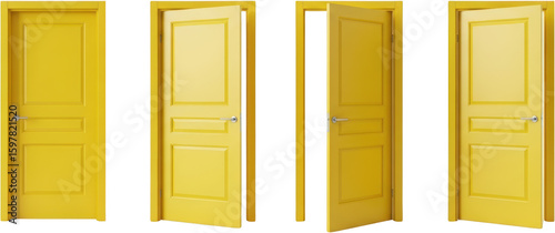 Four Yellow Panel Doors One Partially Open On A Transparent Background Isolate