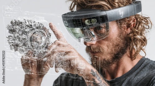A focused Caucasian male wearing augmented reality glasses interacts with a digital 3D model, showcasing futuristic technology.