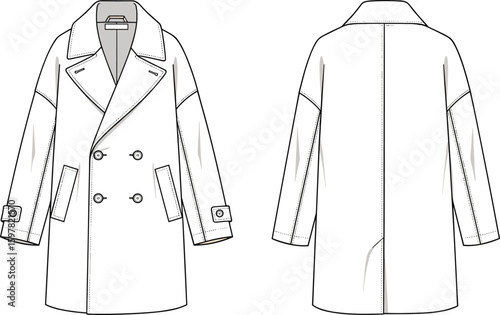 CAD drawing flat vector illustration of double breasted trench coat, fashion technical sketch, front and back view, outerwear design