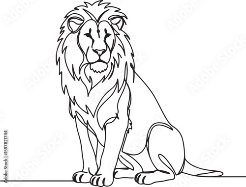 Minimalist one-line drawing of a majestic lion sitting, elegant continuous line art on white background,