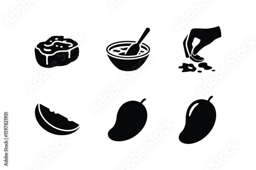 Mango preparation and serving icons fruit slice