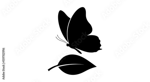 Butterfly Hovering Over Leaf Silhouette - Vector Nature Icon