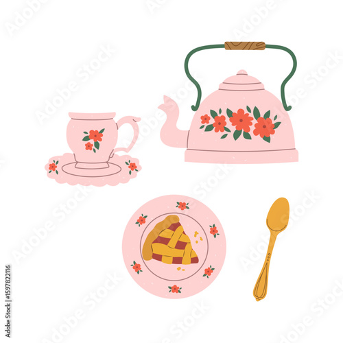 Isolated flat vector illustration of vintage pink tea set of dishes with cherry pie on white background. Cottage core lifestyle. Home interior element.