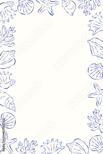 Vertical marine frame with hand drawn seashells and corals. Blue ink lines on white backdrop. Flat vector template. Ideal for background, poster, card, invitation, ads, cover.