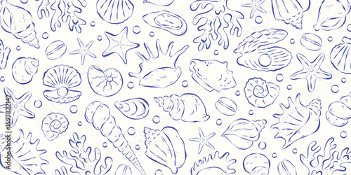 Horizontal background on the coastal theme. Different seashells and bubbles on white backdrop. Hand drawn italian sketch print. Blue rough ink lines. Flat vector illustration.
