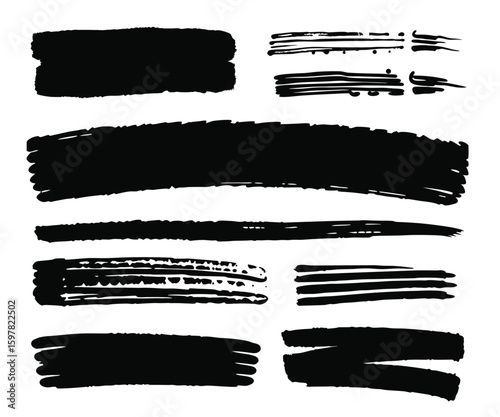 Collection of bold black brush stroke elements and lines for graphic design accents and highlights vector illustration