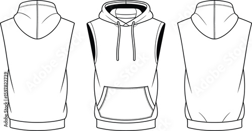 Sleeveless hoodie CAD drawing, flat vector fashion illustration with drawstring hood, kangaroo pocket, dual back views, modern streetwear concept