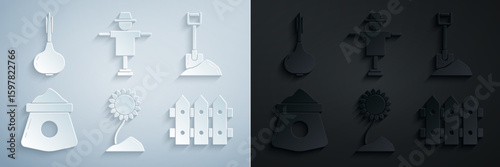 Set Sunflower, Shovel in the ground, Bag of flour, Garden fence wooden, Scarecrow and Onion icon. Vector