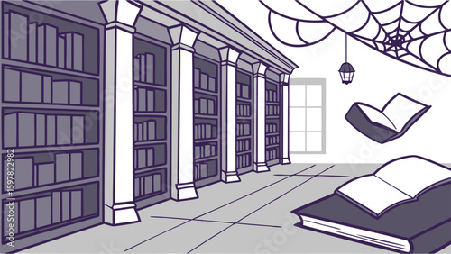 Illustration of a library interior with bookshelves, books, spiderwebs and a hanging lantern