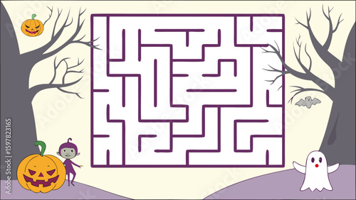 Halloween themed maze with a pumpkin, ghost, bat, tree, and a child dressed in a purple costume