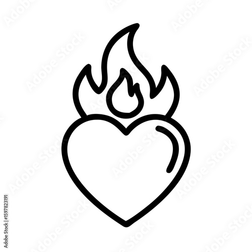 A stylized black outline of a heart with flames, symbolizing passion, love, and intensity.