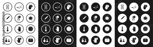 Set Blood test and virus, DNA symbol, Syringe, Virus, Ebola disease, and Medical thermometer icon. Vector
