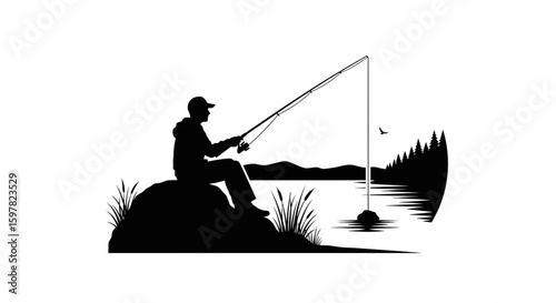 Person Fishing on a Rock by a Lake