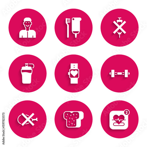 Set Smart watch, Bread toast, Mobile with heart rate, Dumbbell, No meat, Fitness shaker, doping syringe and Positive thinking icon. Vector