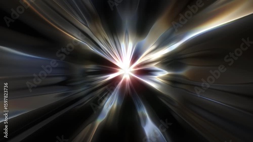 In the center is a bright glowing source, from which rays of white, yellow, blue and red shades emanate. These rays gradually fade into a dark background. A burst of light or energy.