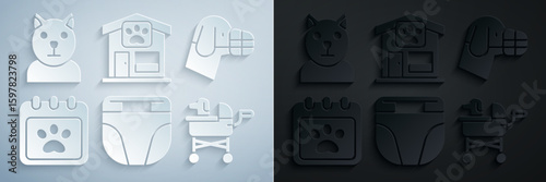 Set Diaper for dog, Dog in muzzle, Calendar grooming, Pet stroller, and Cat icon. Vector