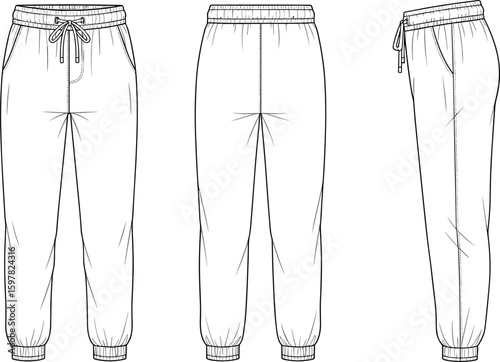 CAD drawing flat vector illustration of jogger pants with elastic waistband, drawstring, side pockets, ribbed cuffs and relaxed fit design