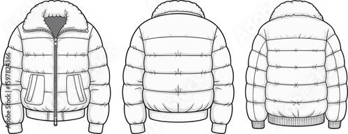 Puffer jacket CAD drawing, flat vector illustration with fluffy collar, zipper front, flap pockets, ribbed cuffs, quilted back view