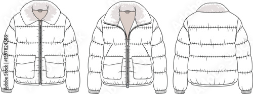 Shearling collar puffer jacket CAD drawing, flat vector illustration with zipper front, large flap pockets, elastic cuffs, back view