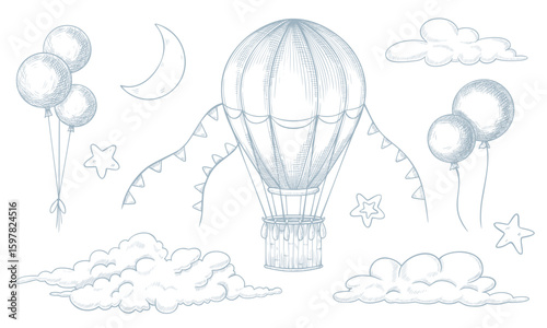 Vector illustration of hot air Balloon, clouds, crescent moon and stars in pastel blue colors. Linear drawing of vintage aircraft for Baby shower greeting cards or childish party invitations.