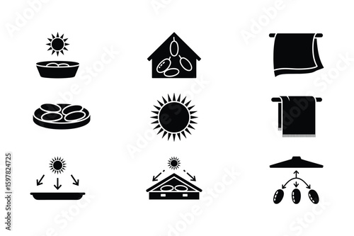 Sun drying process icons with fruits and towels vector