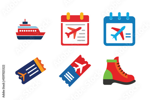 Colorful travel essentials set for adventure and journey scenes Color Vector illustration  