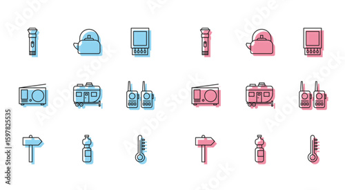 Set line Road traffic signpost, Bottle of water, Flashlight, Meteorology thermometer, Rv Camping trailer, Walkie talkie, Radio with antenna and Kettle handle icon. Vector
