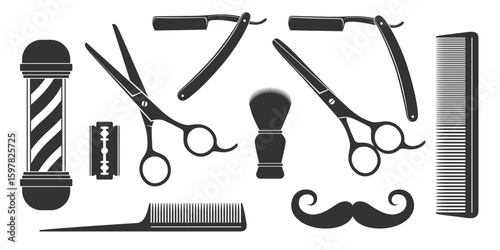 Barbershop graphic icons set. Barber tools and items signs isolated on white background. Vector illustration