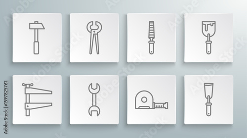 Set line Clamp tool, Pincers and pliers, Wrench spanner, Roulette construction, Putty knife, Chisel for wood, and Hammer icon. Vector