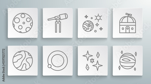 Set line Falling stars, Telescope, Satellites orbiting the planet Earth, Planet, Venus, Space and, Astronomical observatory and Moon icon. Vector
