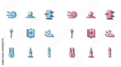 Set line Rabbit with ears, Burning candle in candlestick, Fireball, Bottle love potion, Ancient magic book, Cube levitating above hand, Magic staff and Witch hat icon. Vector