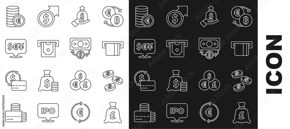 Set line Coin money with pound, dollar, Credit card inserted, Hand holding bag, ATM, Currency exchange, euro symbol and Stacks paper cash icon. Vector Set line Coin money with pound, dollar, Credit card inserted, Hand holding bag, ATM, Currency exchange, euro symbol and Stacks paper cash icon. Vector